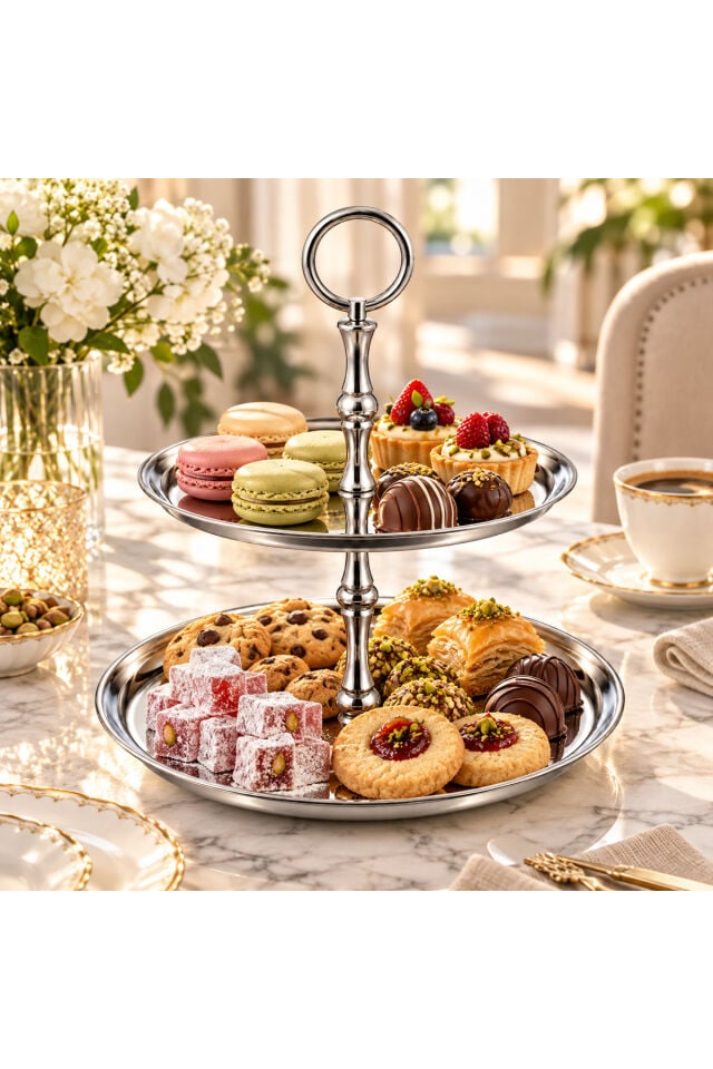 2 Katlı Yuvarlak Çelik Sunumluk – 19 ve 15 cm