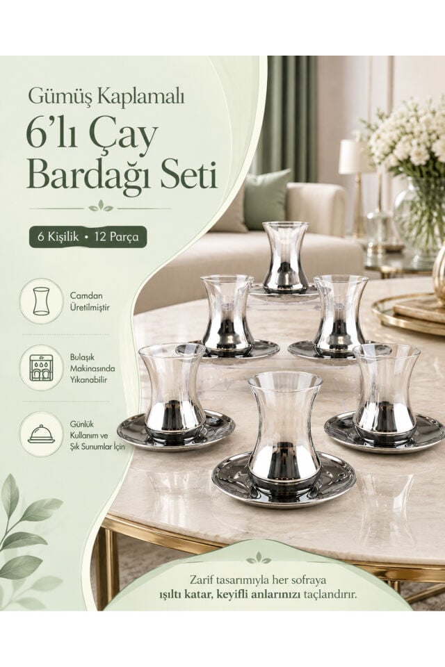 Zerrin Titanyum Kaplamalı Cam Çay Seti – 6 Kişilik