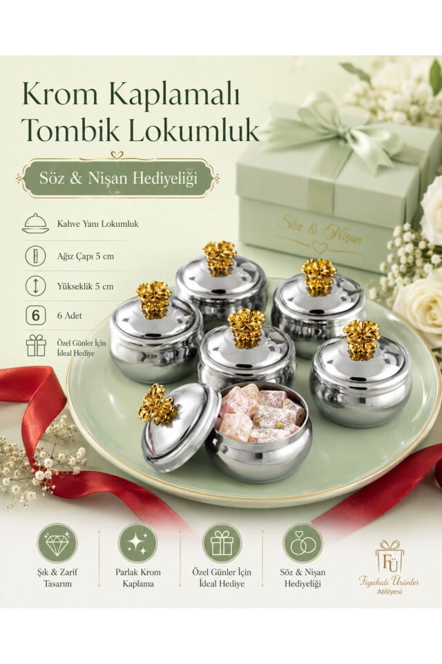 6'lı Gümüş Çiçekli Tombik Lokumluk Seti