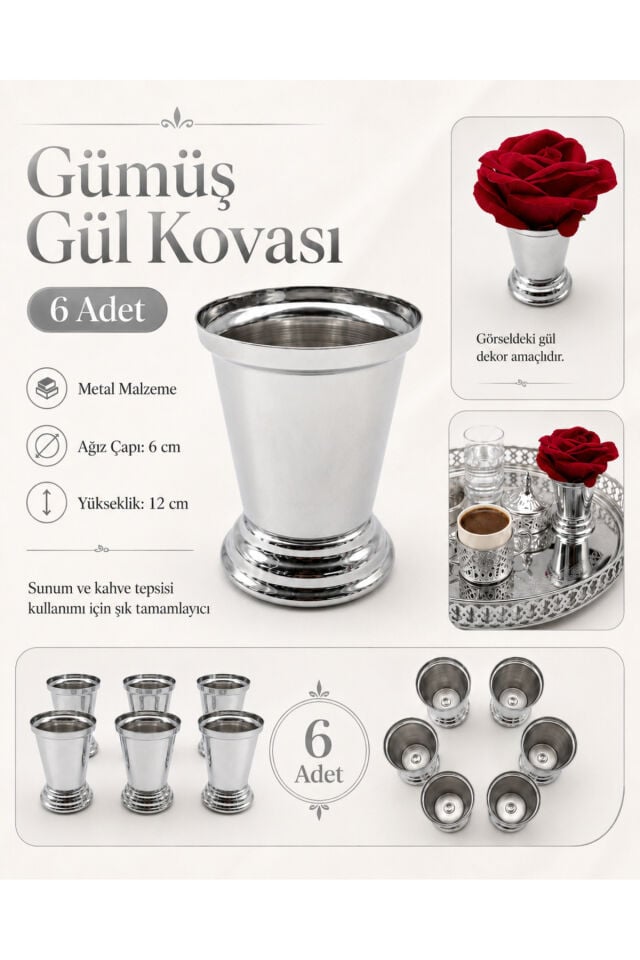 6'lı Gümüş Dekoratif Gül Kovası – Çiçeksiz