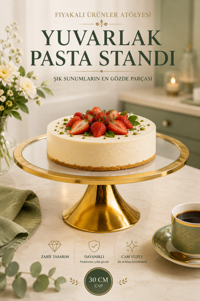 Yuvarlak Cam Pasta Standı 30 cm – Metal Ayaklı