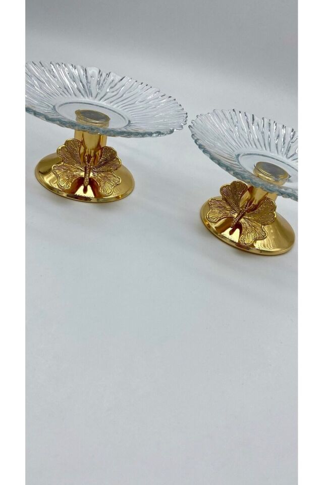 2'li Gold Kelebek Detaylı Ayaklı Cam Lokumluk 13 cm