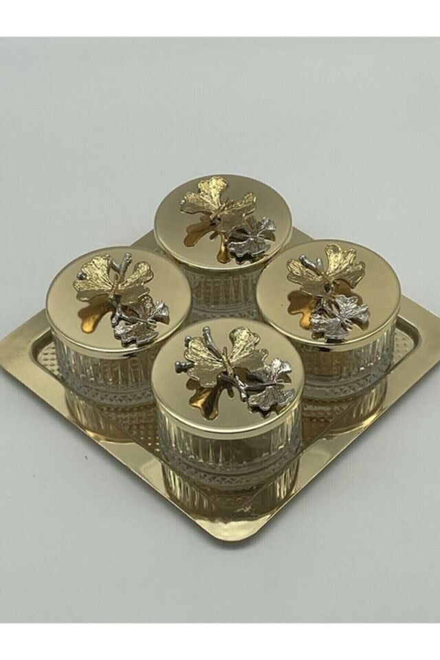 Gold Kare Tepsili Kapaklı 4'lü Elysia Cam Kase Seti