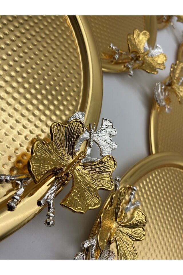 6'lı Kelebekli Sunum Tepsisi 22 cm – Gold ve Gümüş