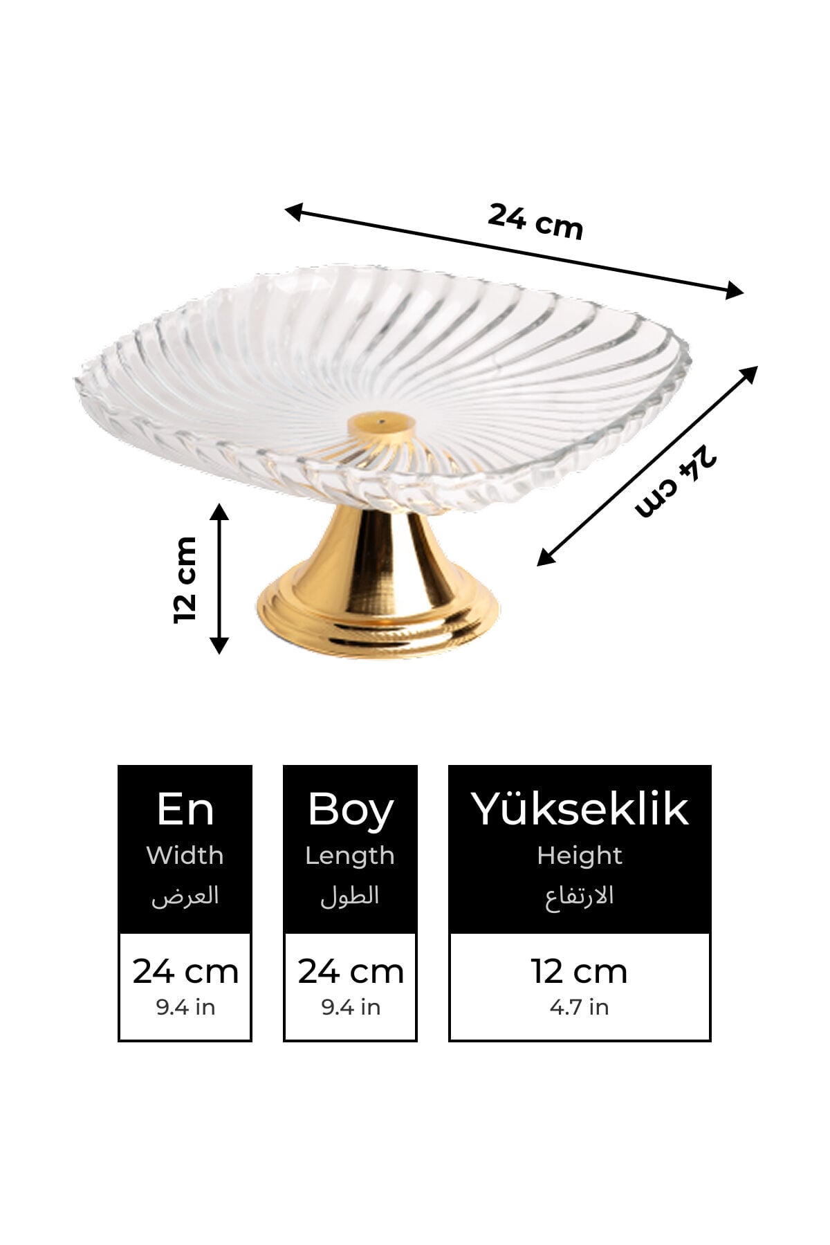 24 cm Kare Ayaklı Cam Sunum Kasesi Gold