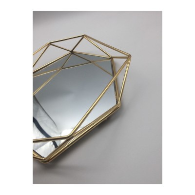 Aynalı Altıgen Prizma Gold Sunum Dekor Söz Ve Nişan Kına Tepsisi - Zarif Ve Şık Tasarım 32x32 Cm